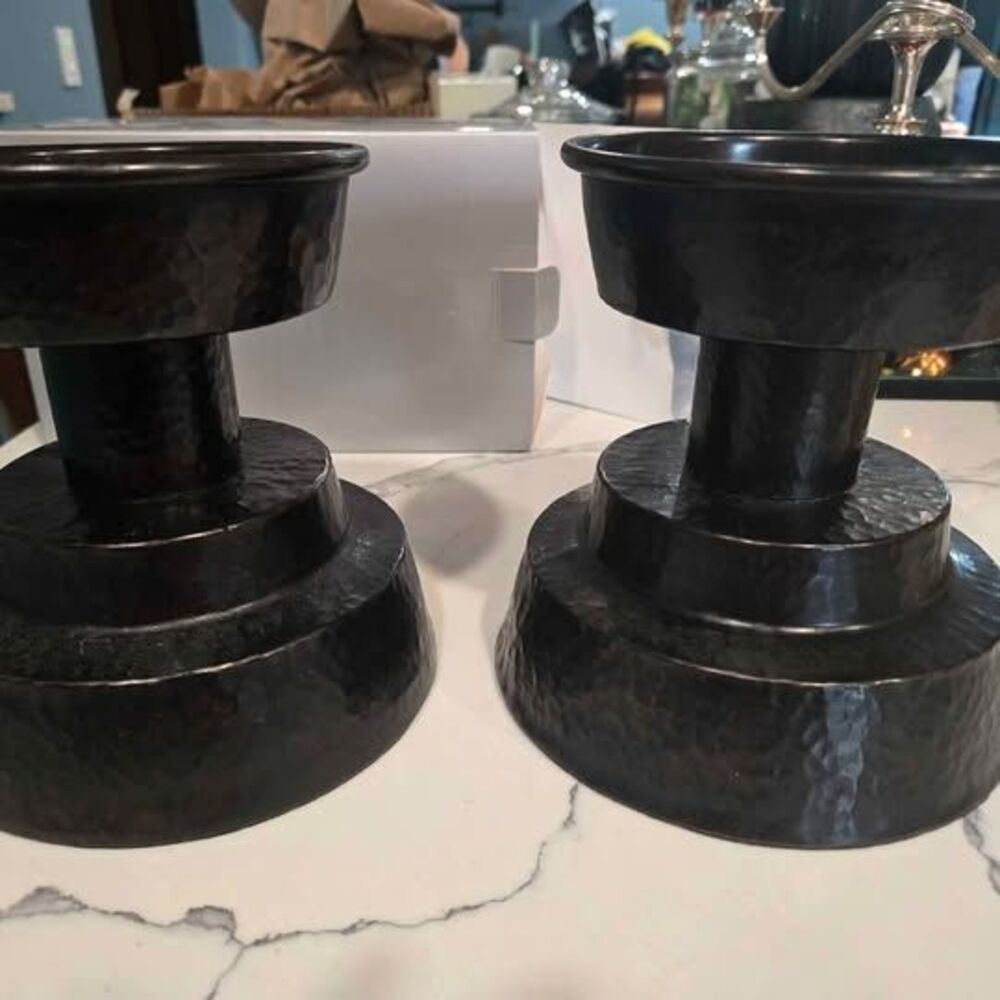 s/2 Pottery Barn Hammered Oil Rubbed Bronze Pillar Candle Holders 7'